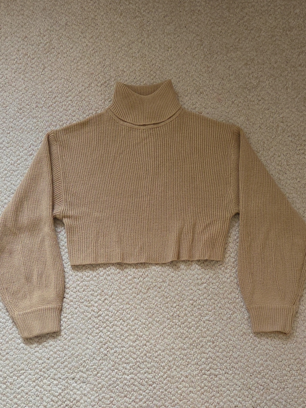 Cropped Ribbed Turtleneck Sweater in Tan